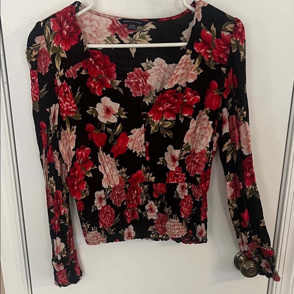 American Eagle Outfitters Black and Red Floral Blouse
